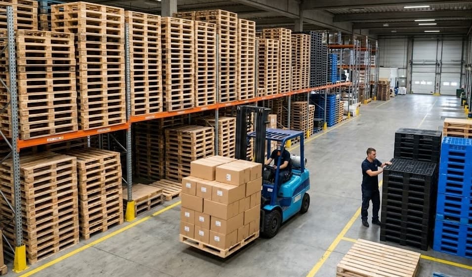 Pallet warehouse with organized racking and forklift operations
