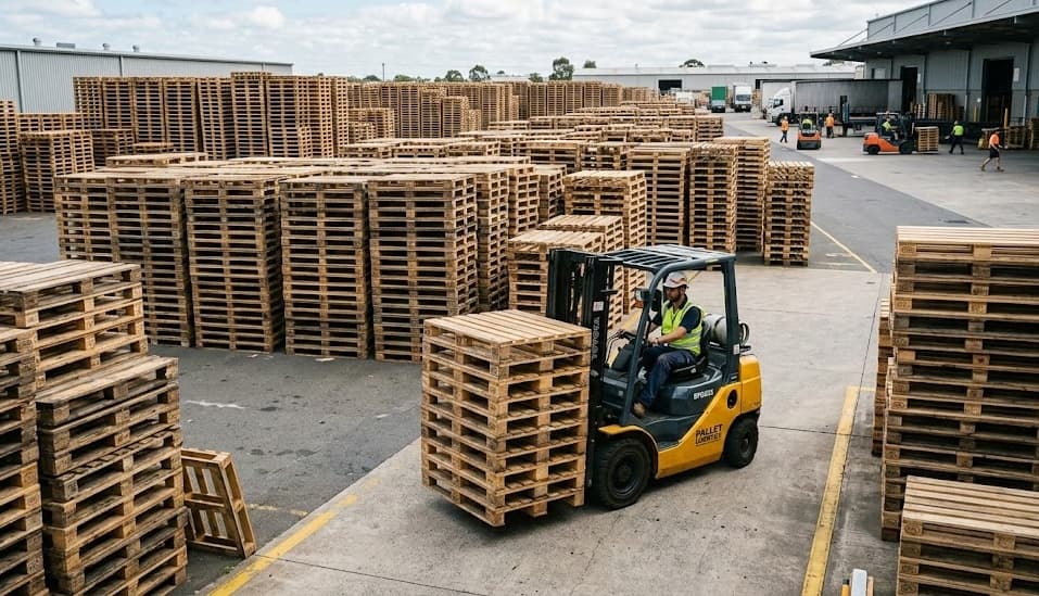 Outdoor pallet sorting yard with thousands of stacked pallets