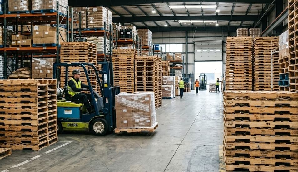 Forklift operator moving pallets inside the warehouse facility